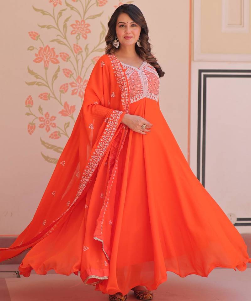 Orange star georgette rich sequins and beads embroidery flared gown with heavy dupatta