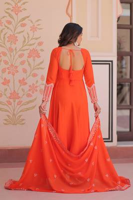 Orange star georgette rich sequins and beads embroidery flared gown with heavy dupatta 2