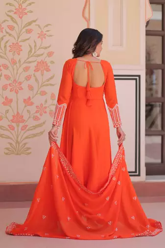 Orange star georgette rich sequins and beads embroidery flared gown with heavy dupatta