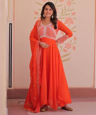 Orange star georgette rich sequins and beads embroidery flared gown with heavy dupatta 4
