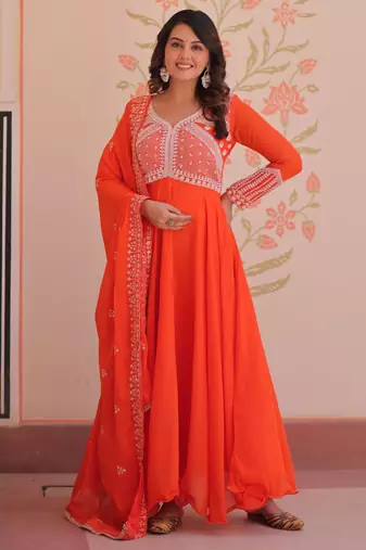 Orange star georgette rich sequins and beads embroidery flared gown with heavy dupatta