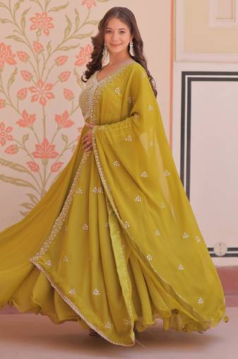 Mehendi star georgette rich sequins and beads embroidery flared gown with heavy dupatta