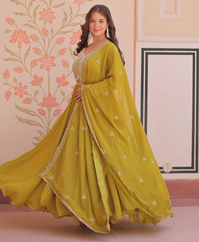 Mehendi star georgette rich sequins and beads embroidery flared gown with heavy dupatta