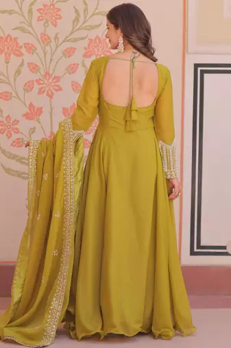 Mehendi star georgette rich sequins and beads embroidery flared gown with heavy dupatta