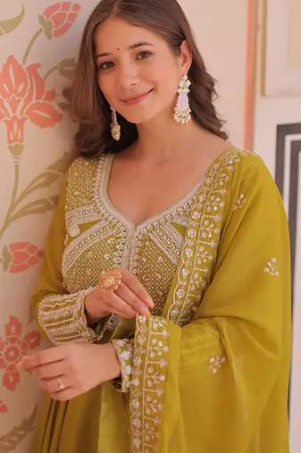Mehendi star georgette rich sequins and beads embroidery flared gown with heavy dupatta