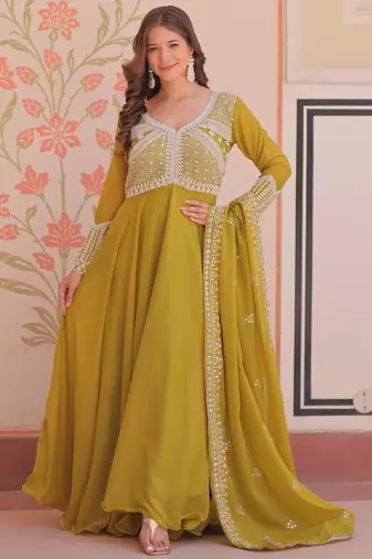 Mehendi star georgette rich sequins and beads embroidery flared gown with heavy dupatta