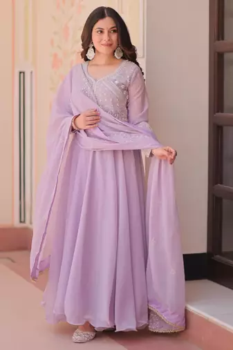 Lavender star georgette rich sequins and beads embroidery flared gown with heavy dupatta