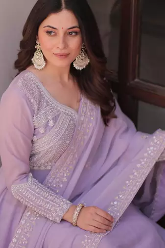 Lavender star georgette rich sequins and beads embroidery flared gown with heavy dupatta