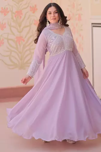 Lavender star georgette rich sequins and beads embroidery flared gown with heavy dupatta