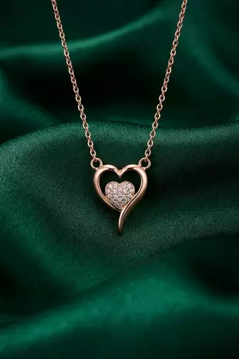 925 sterling silver rose gold-plated heart pendant necklace with crystal pavé center for women