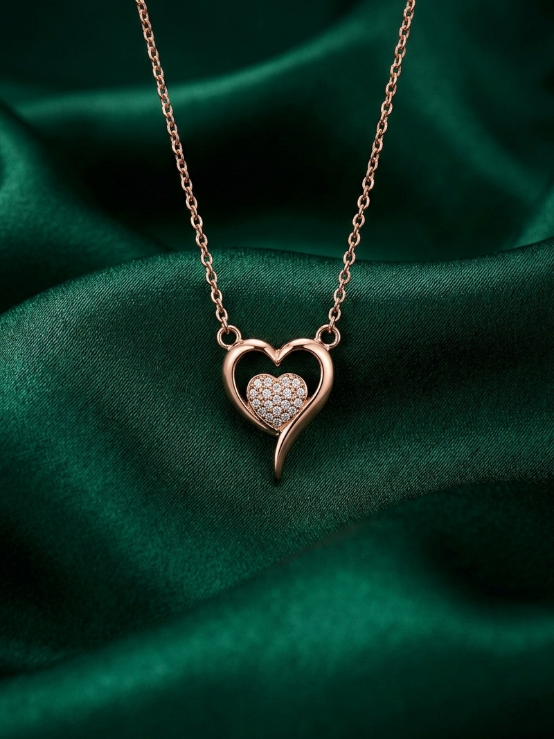 925 sterling silver rose gold-plated heart pendant necklace with crystal pavé center for women