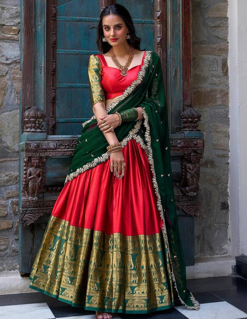 Women's Jacquard Zari Weaving Embellished Semi-Stitched Lehenga Choli With Dupatta