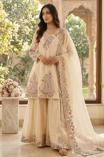 cream embroidered kurta set