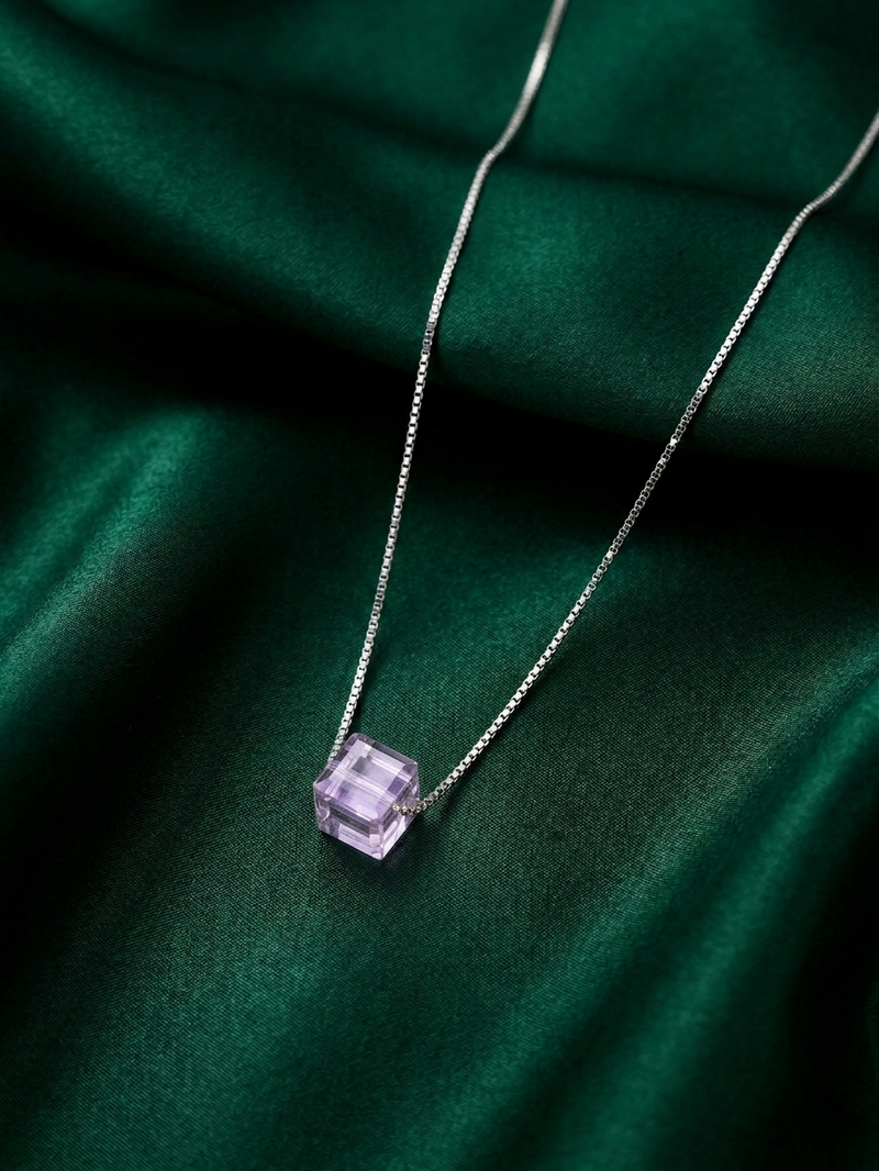 925 sterling silver geometric purple cube pendant necklace for women
