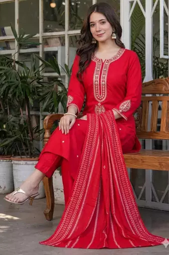 red embroidered kurta set