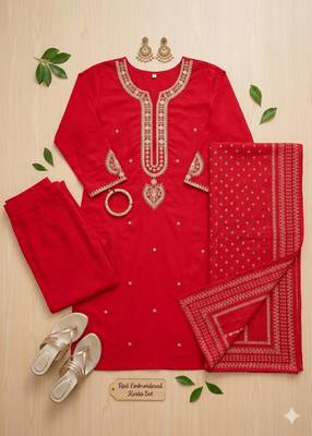 red embroidered kurta set 4