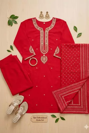 red embroidered kurta set