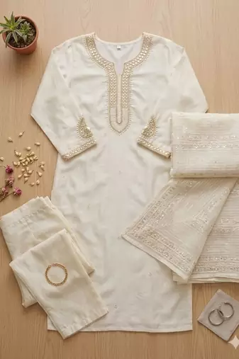 white embroidered kurta set