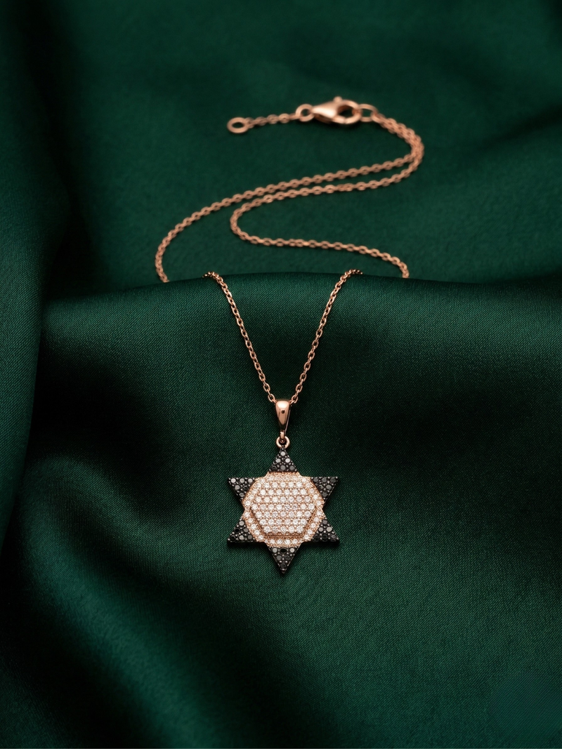 925 sterling silver rose gold-plated hexagram star pendant necklace with crystal detailing for women