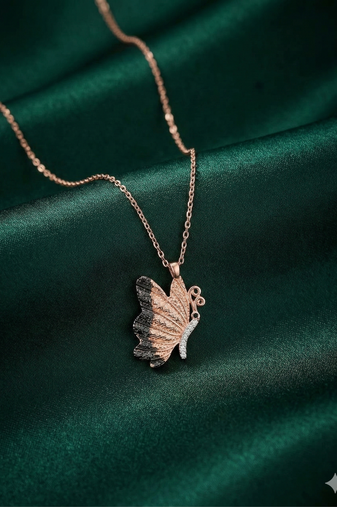 925 sterling silver rose gold-plated butterfly pendant necklace with dual-tone detailing for women