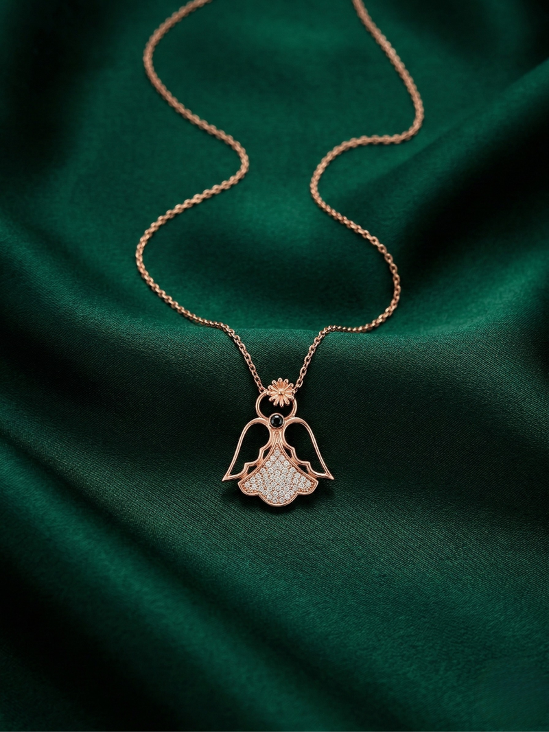 925 sterling silver rose gold-plated angel floral pendant necklace with crystal detailing for women
