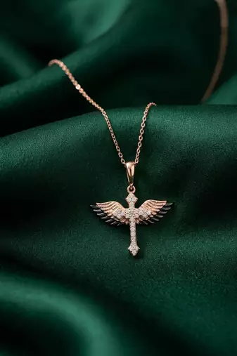 925 sterling silver rose gold-plated winged cross pendant necklace with crystal detailing for women