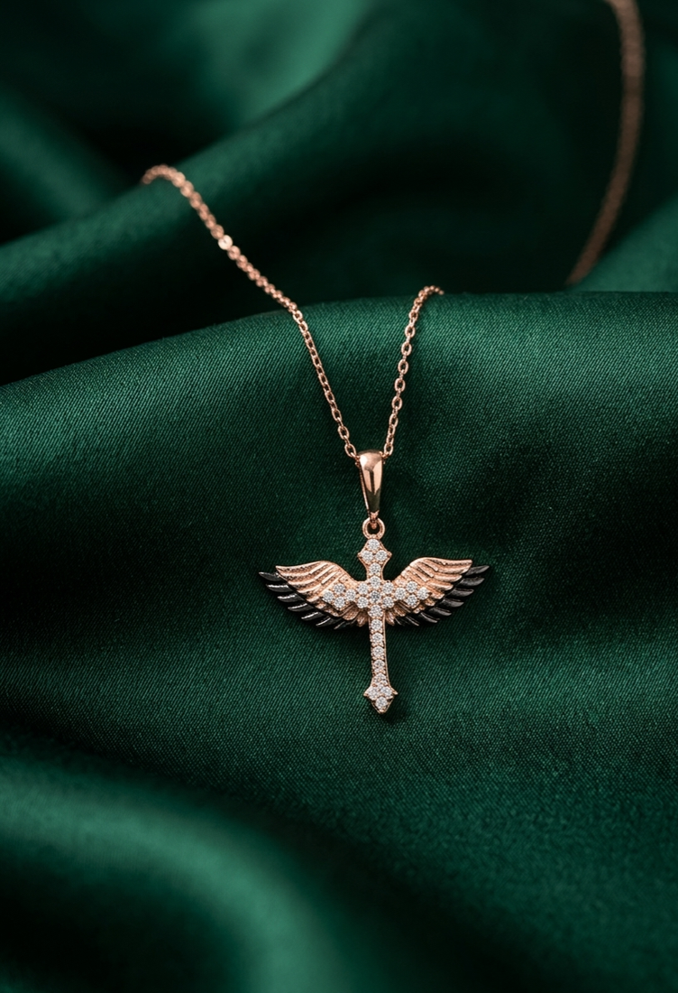 925 sterling silver rose gold-plated winged cross pendant necklace with crystal detailing for women