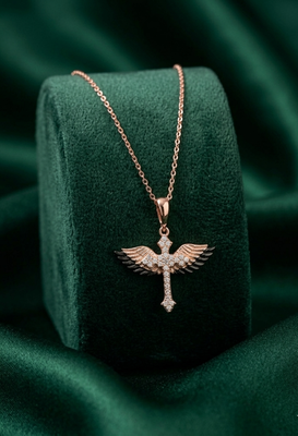 925 sterling silver rose gold-plated winged cross pendant necklace with crystal detailing for women 2