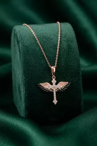 925 sterling silver rose gold-plated winged cross pendant necklace with crystal detailing for women