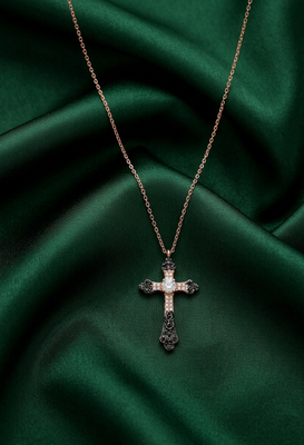925 sterling silver rose gold-plated ornate cross pendant necklace with crystal detailing for women 1