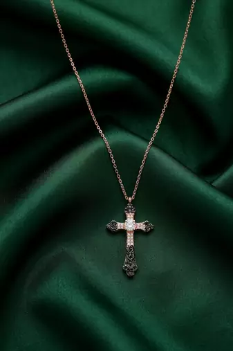 925 sterling silver rose gold-plated ornate cross pendant necklace with crystal detailing for women