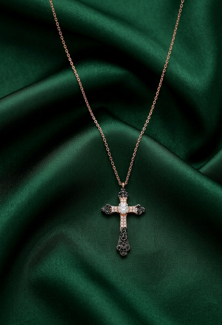 925 sterling silver rose gold-plated ornate cross pendant necklace with crystal detailing for women