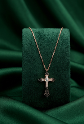 925 sterling silver rose gold-plated ornate cross pendant necklace with crystal detailing for women 2