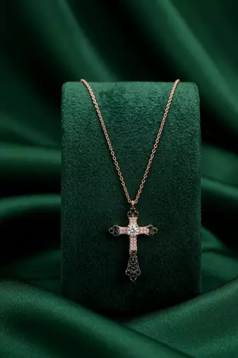 925 sterling silver rose gold-plated ornate cross pendant necklace with crystal detailing for women