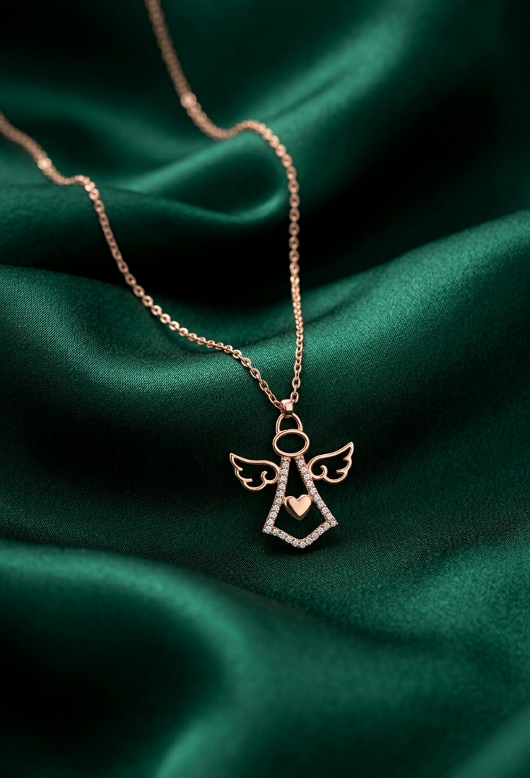 925 sterling silver rose gold-plated angel heart pendant necklace with crystal detailing for women