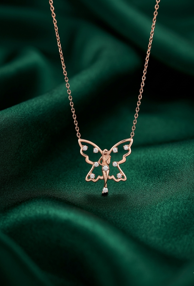 925 sterling silver rose gold-plated butterfly pendant necklace with crystal accents for women