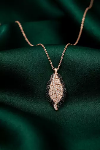 925 sterling silver rose gold-plated leaf pendant necklace with dual-tone crystal detailing for women