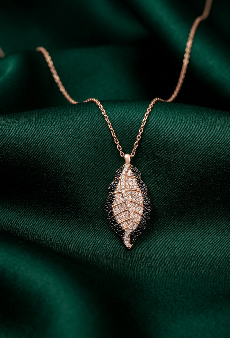 925 sterling silver rose gold-plated leaf pendant necklace with dual-tone crystal detailing for women