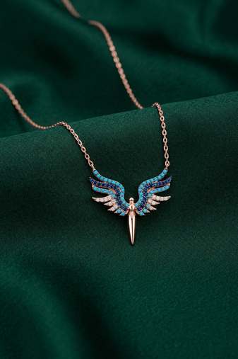 925 sterling silver rose gold-plated angel wings pendant necklace with blue stone embellishments for women