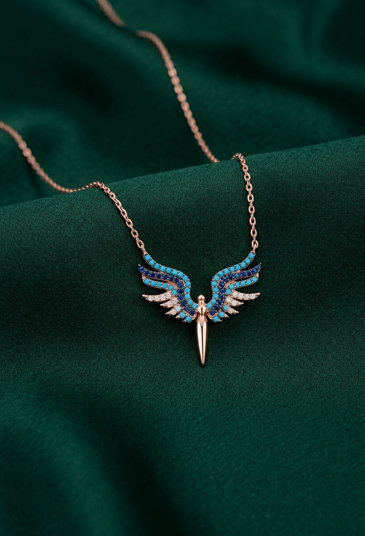 925 sterling silver rose gold-plated angel wings pendant necklace with blue stone embellishments for women