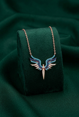 925 sterling silver rose gold-plated angel wings pendant necklace with blue stone embellishments for women 2