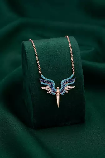 925 sterling silver rose gold-plated angel wings pendant necklace with blue stone embellishments for women