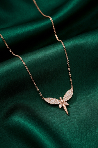 925 sterling silver rose gold-plated dragonfly pendant necklace with micro cz stones for women