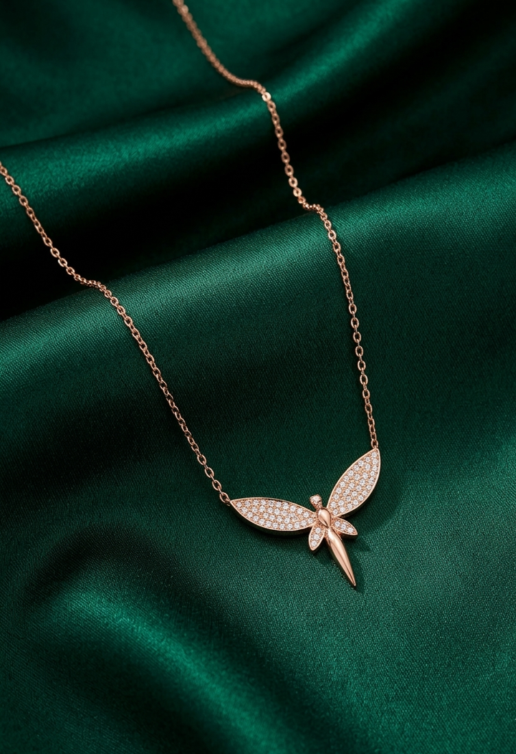 925 sterling silver rose gold-plated dragonfly pendant necklace with micro cz stones for women