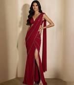 Red embroidered georgette draped saree set