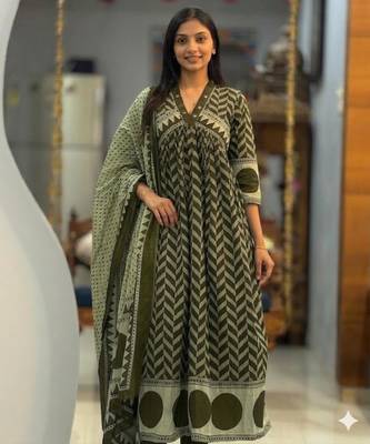 olive green cotton anarkali set  2