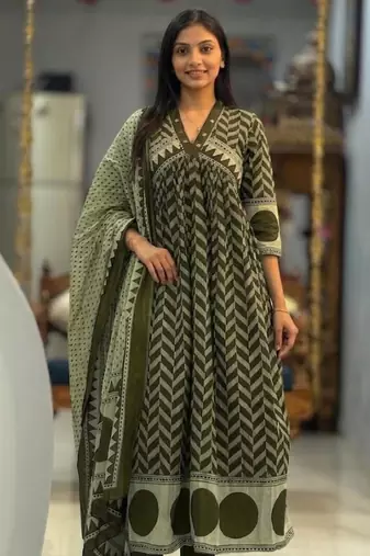 olive green cotton anarkali set 