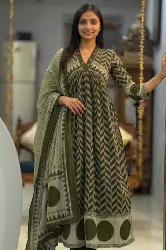 olive green cotton anarkali set 