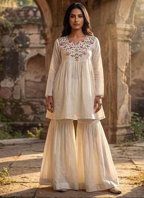 Vichitra silk top & bottom set with thread sequins 1