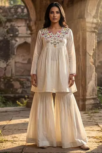 Vichitra silk top & bottom set with thread sequins